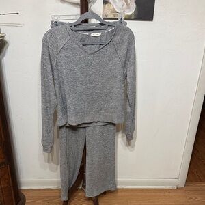 Lucky Brand Cozy Heather Gray Knit Lounge Set - V-Neck Top & Wide Leg Pants